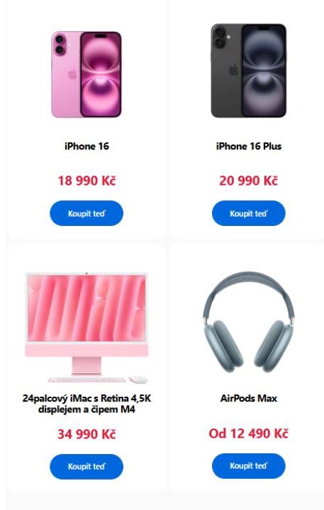 iPhone 16, iPhone 16 Plus, iMac monitor a AirPods