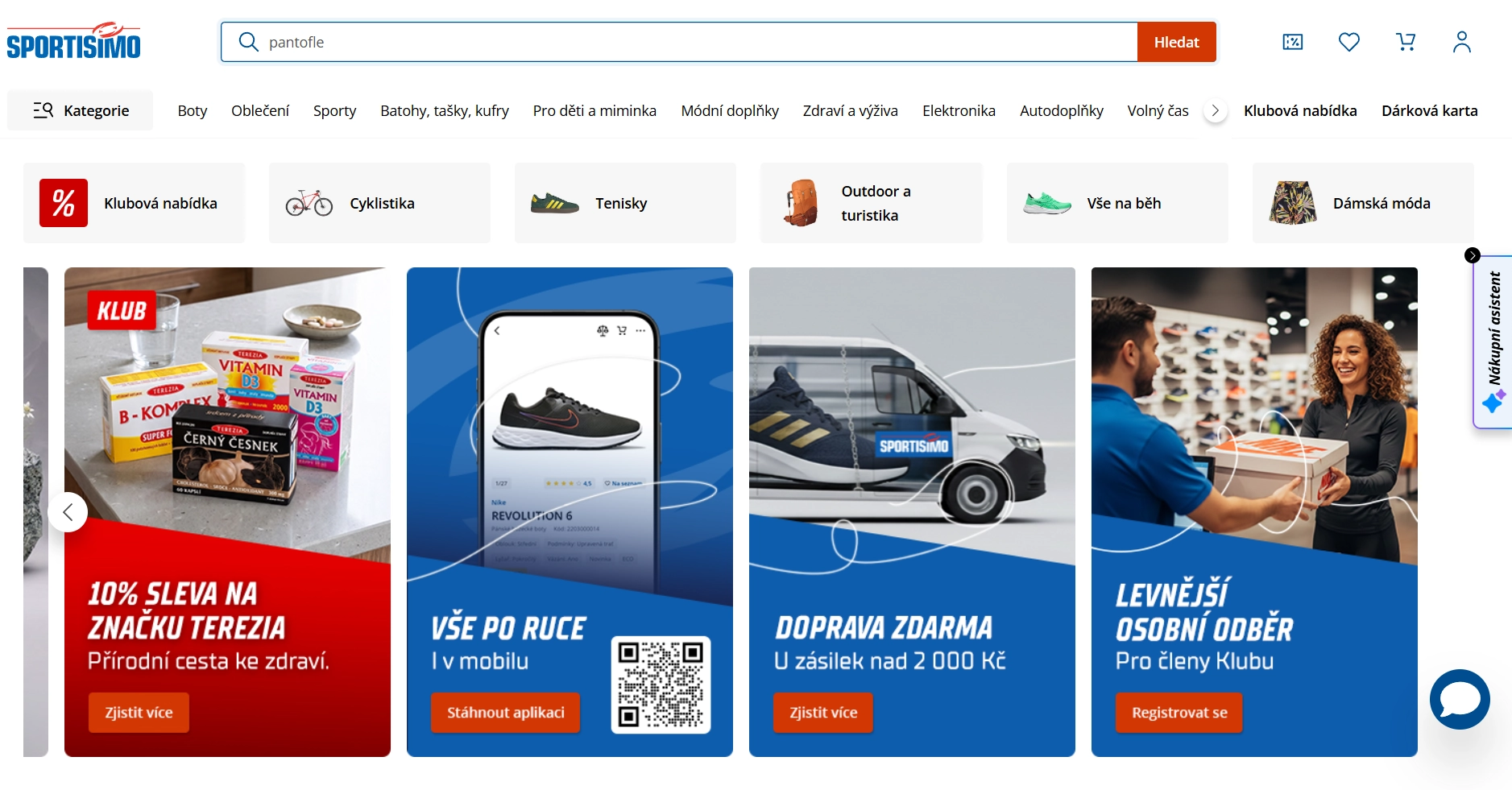 Stránka e-shopu Sportisimo s ikonami bot, zboží, krabice a lidí