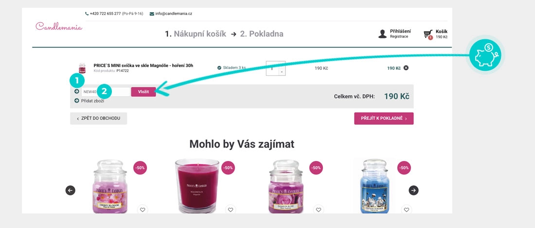 Návod jak uplatnit slevový kód v košíku e-shopu Candlemania