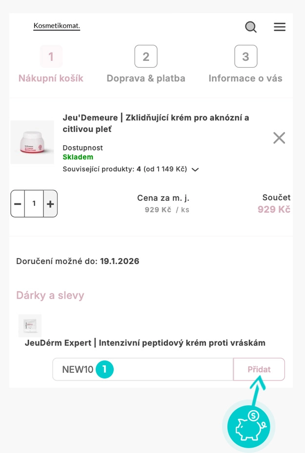 Návod jak uplatnit slevový kód v košíku e-shopu Kosmetikomat