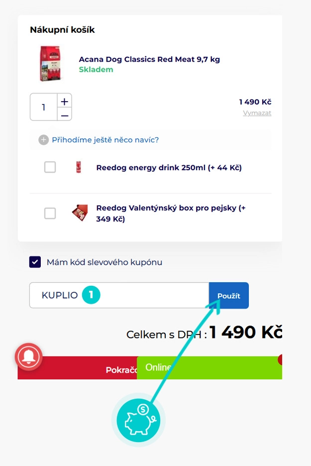 Návod jak uplatnit slevový kód v košíku e-shopu Reedog
