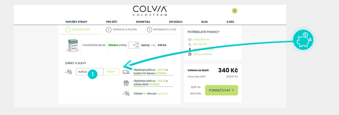 Návod jak uplatnit slevový kód v košíku e-shopu COLVIA