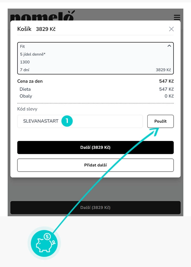 Návod jak uplatnit slevový kód v košíku e-shopu Pomelobox