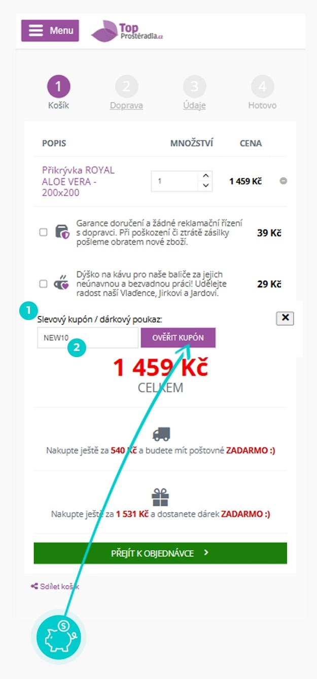 Návod jak uplatnit slevový kód v košíku e-shopu TopProstěradla