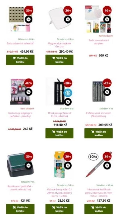 adventní kalendář, pera, stojany, pečetní vosk a vodové barvy