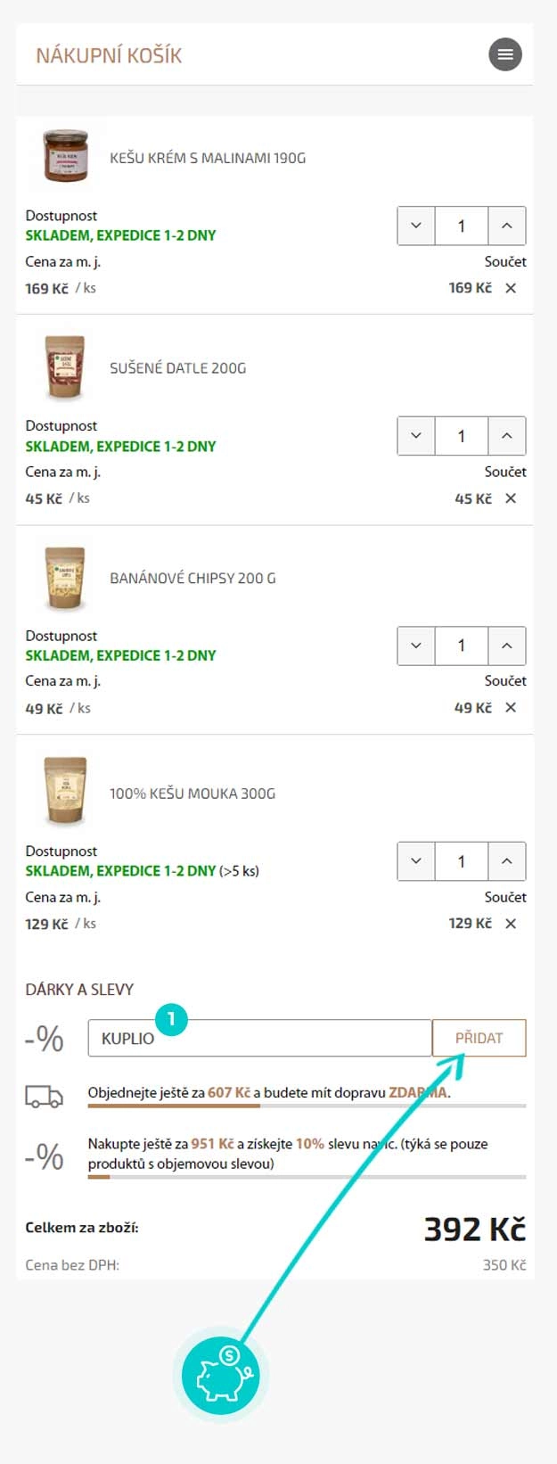 Návod jak uplatnit slevový kód v košíku e-shopu Božské oříšky