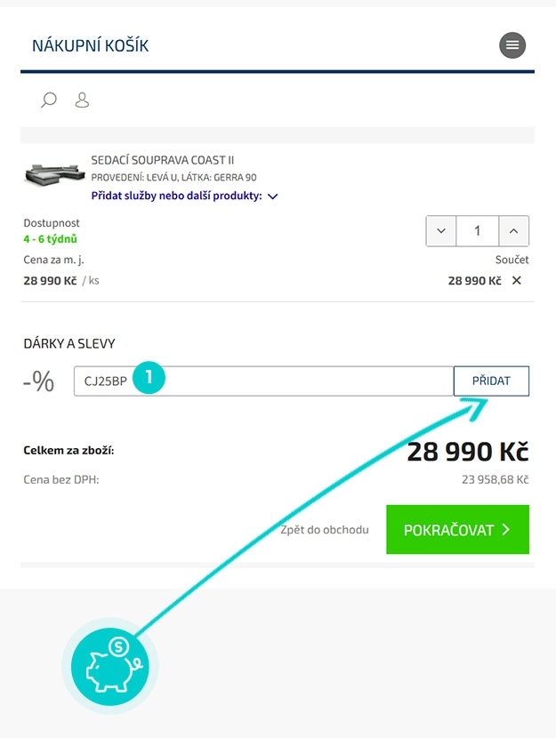 Návod jak uplatnit slevový kód v košíku e-shopu Nábytek Paul