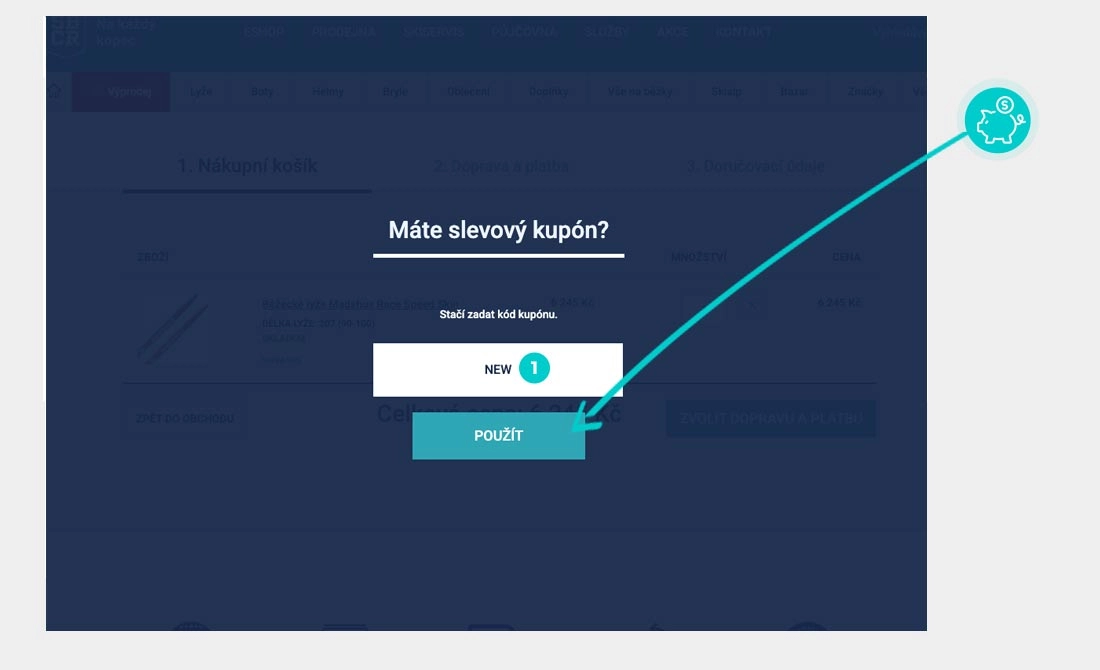 Návod jak uplatnit slevový kód v košíku e-shopu Lyže Radotín