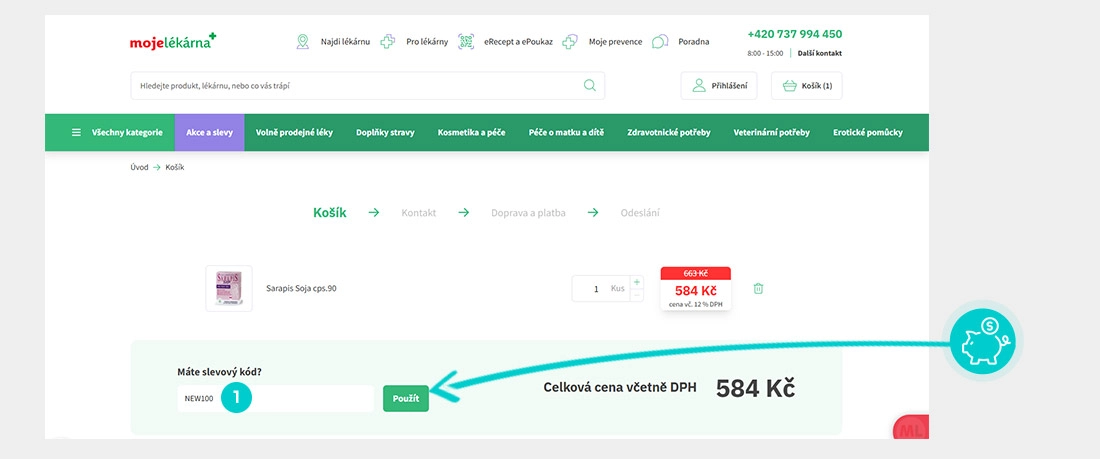 Návod jak uplatnit slevový kód v košíku e-shopu Moje lékárna