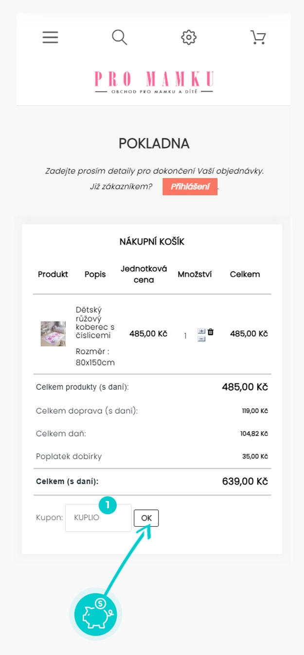 Návod jak uplatnit slevový kód v košíku e-shopu ProMamku