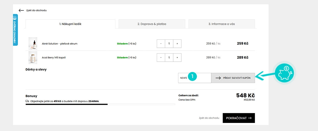 Návod jak uplatnit slevový kód v košíku e-shopu Nakupzdrave