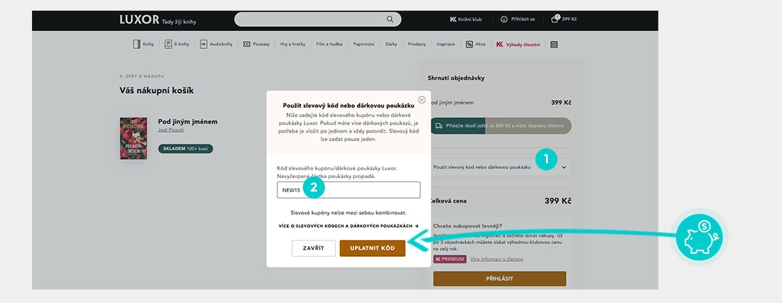 Návod jak uplatnit slevový kód v košíku e-shopu Luxor