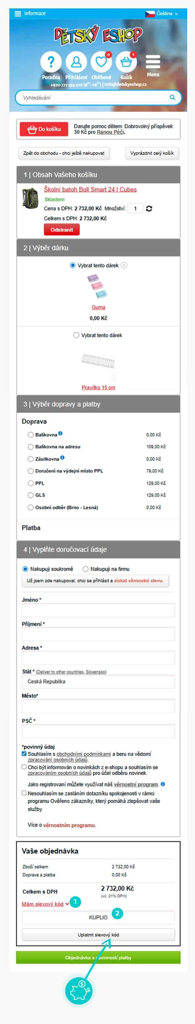 Návod jak uplatnit slevový kód v košíku e-shopu Dětský Eshop