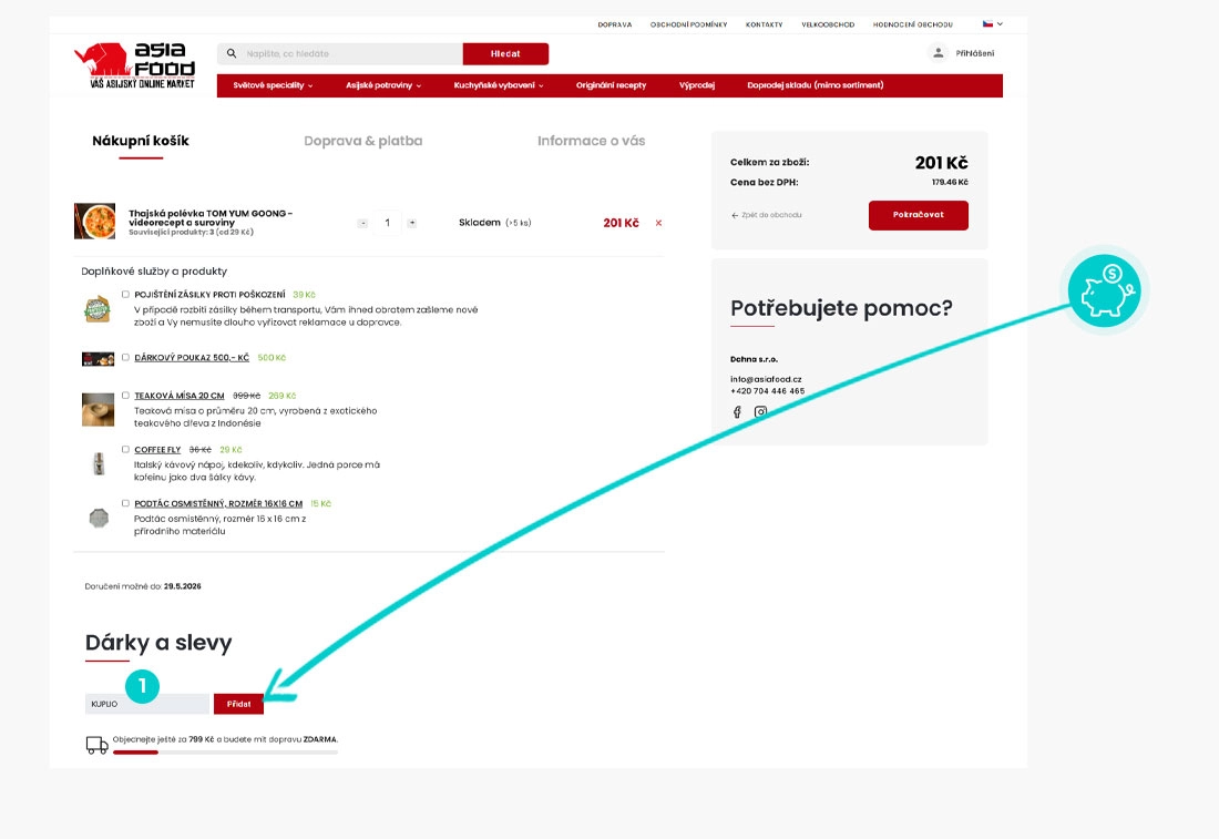 Návod jak uplatnit slevový kód v košíku e-shopu Asiafood