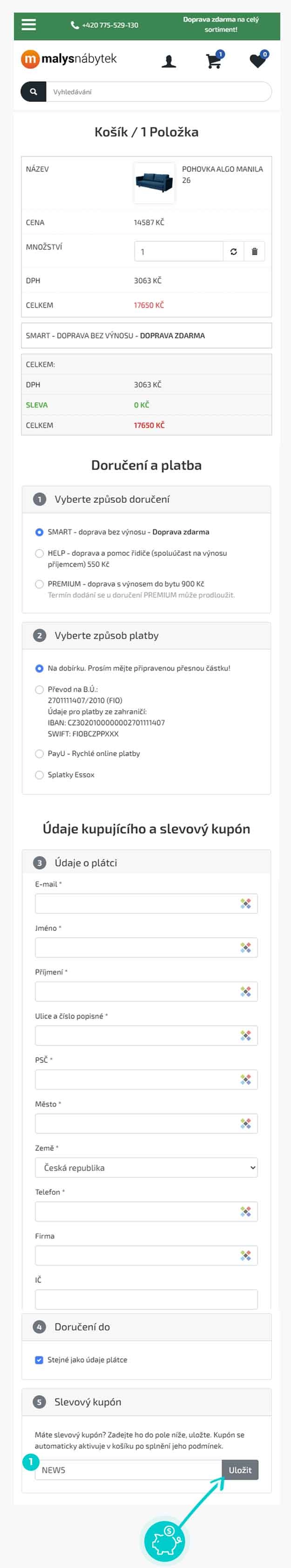 Návod jak uplatnit slevový kód v košíku e-shopu Malys-nabytek
