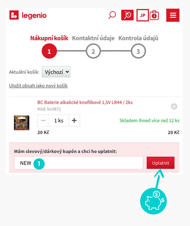 Návod jak uplatnit slevový kód v košíku e-shopu Legenio