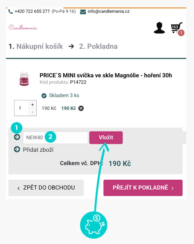 Návod jak uplatnit slevový kód v košíku e-shopu Candlemania