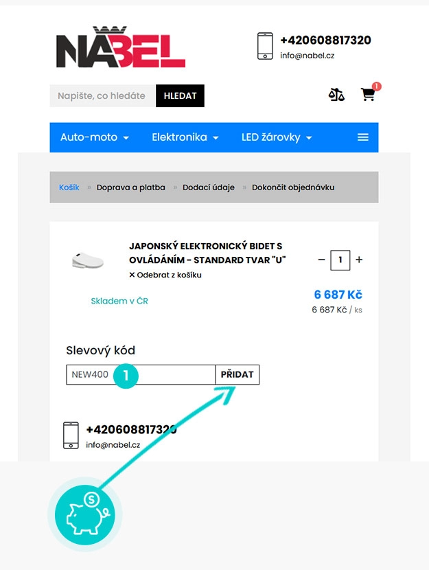 Návod jak uplatnit slevový kód v košíku e-shopu Nabel
