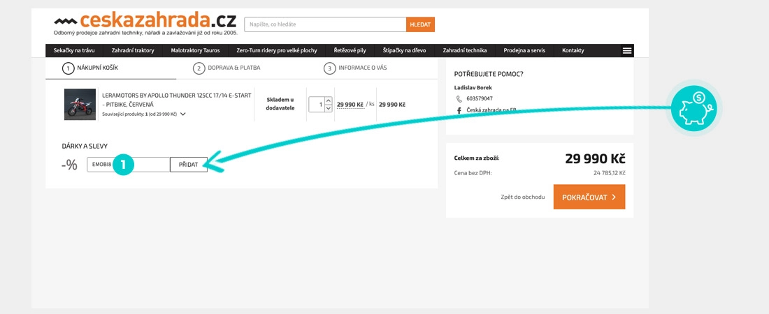 Návod jak uplatnit slevový kód v košíku e-shopu Českázahrada