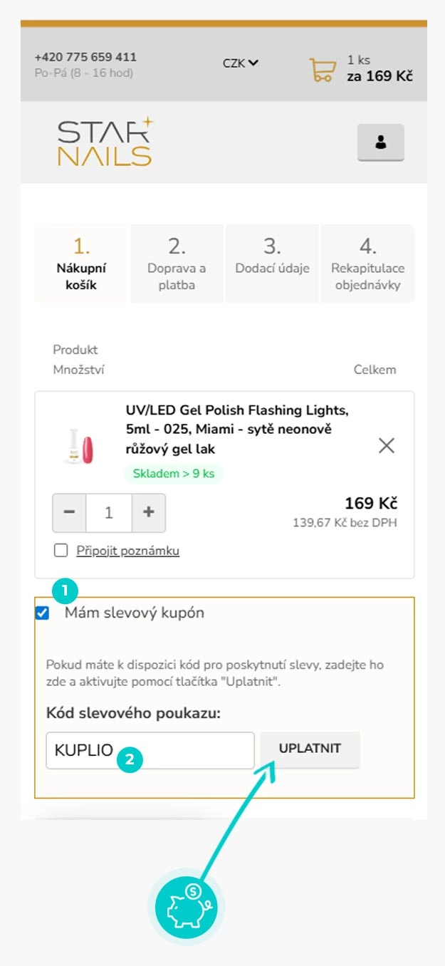 Návod jak uplatnit slevový kód v košíku e-shopu Starnails