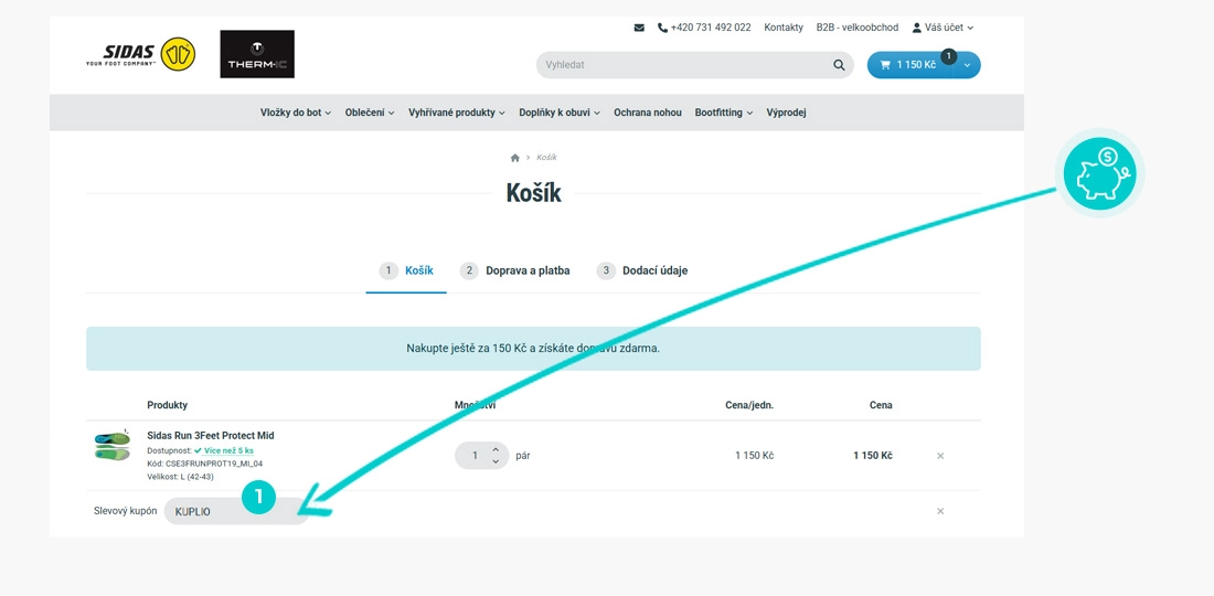 Návod jak uplatnit slevový kód v košíku e-shopu Sidas