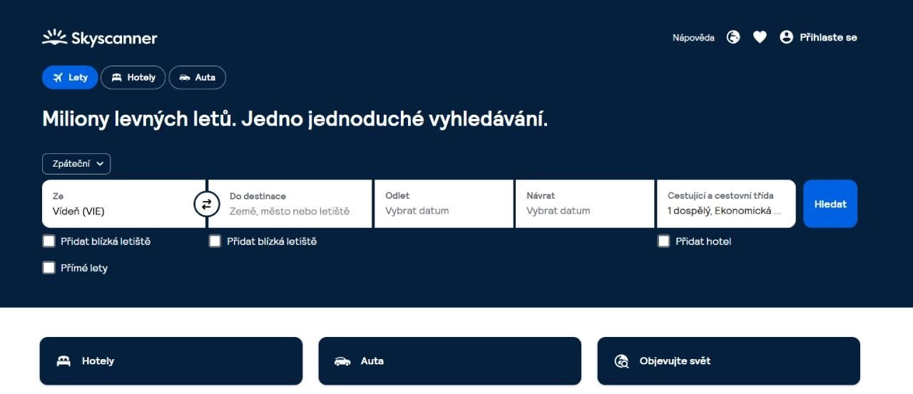 homepage Skyscanner s možností výběru letů, hotelů nebo aut