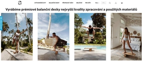 žena na yogo, muž na balanční desce, muž skáčoucí na balanční desce a žena stojící na balanční desce