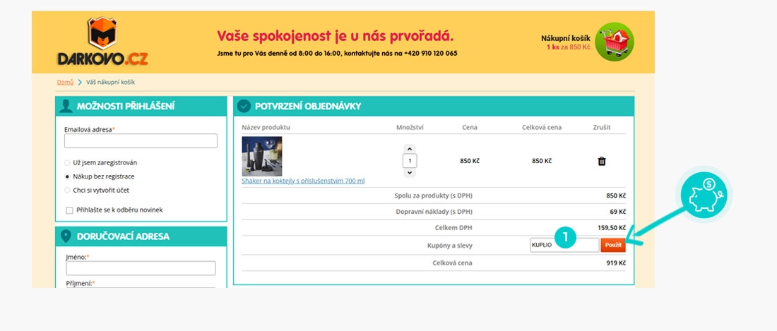 Návod jak uplatnit slevový kód v košíku e-shopu Darkovo