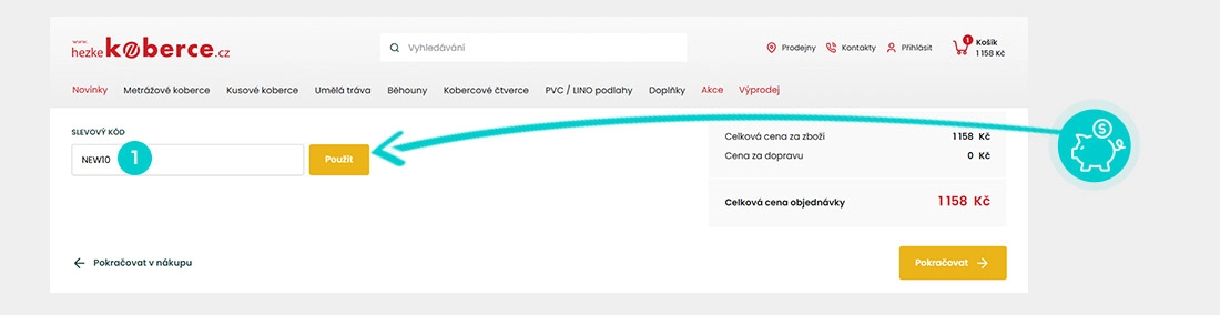 Návod jak uplatnit slevový kód v košíku e-shopu Hezkekoberce