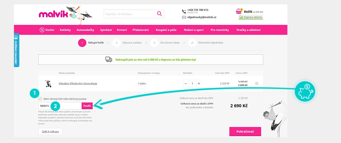 Návod jak uplatnit slevový kód v košíku e-shopu malvík