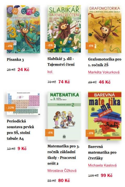 knihy písanka, slabikář, grafomotorika, periodická soustava prvků, matematika