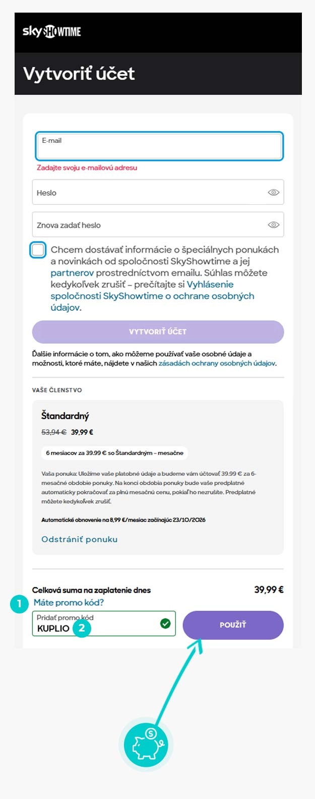 Návod jak uplatnit slevový kód v košíku e-shopu SkyShowtime