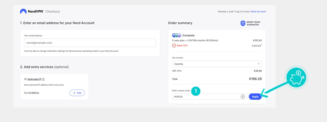 Návod jak uplatnit slevový kód v košíku e-shopu NordVPN