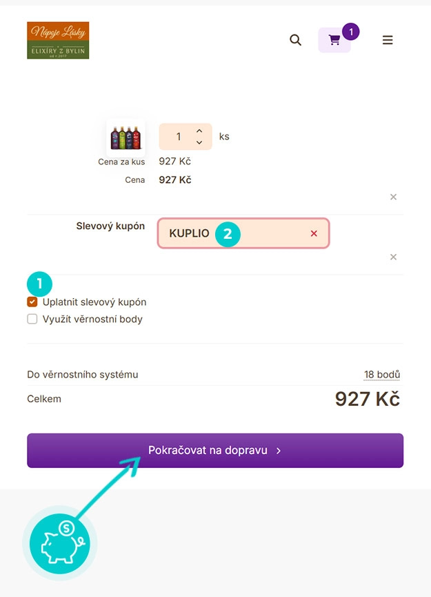 Návod jak uplatnit slevový kód v košíku e-shopu Nápoje Lásky