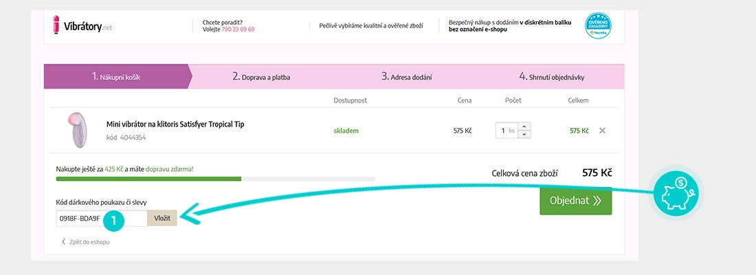 Návod jak uplatnit slevový kód v košíku e-shopu Vibrátory.net