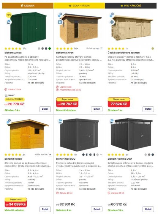 Buildex - tři dřevěné zahradní domky a tři moderní zahradní domky