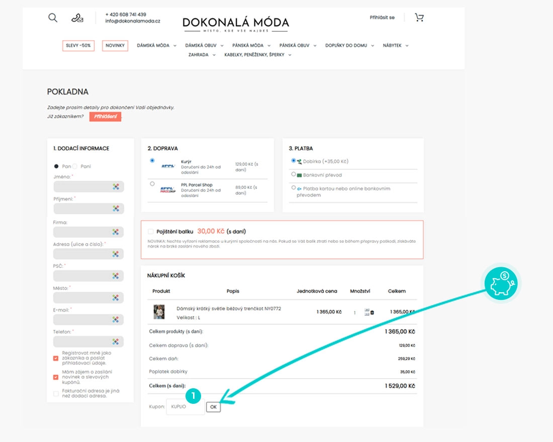 Návod jak uplatnit slevový kód v košíku e-shopu Dokonalá Móda