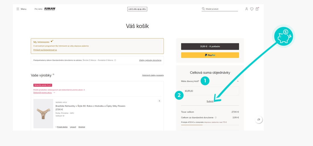 Návod jak uplatnit slevový kód v košíku e-shopu Intimissimi
