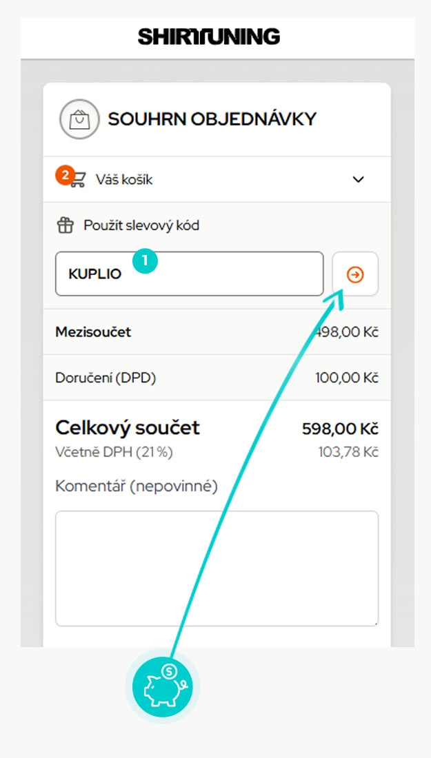 Návod jak uplatnit slevový kód v košíku e-shopu Shirttuning