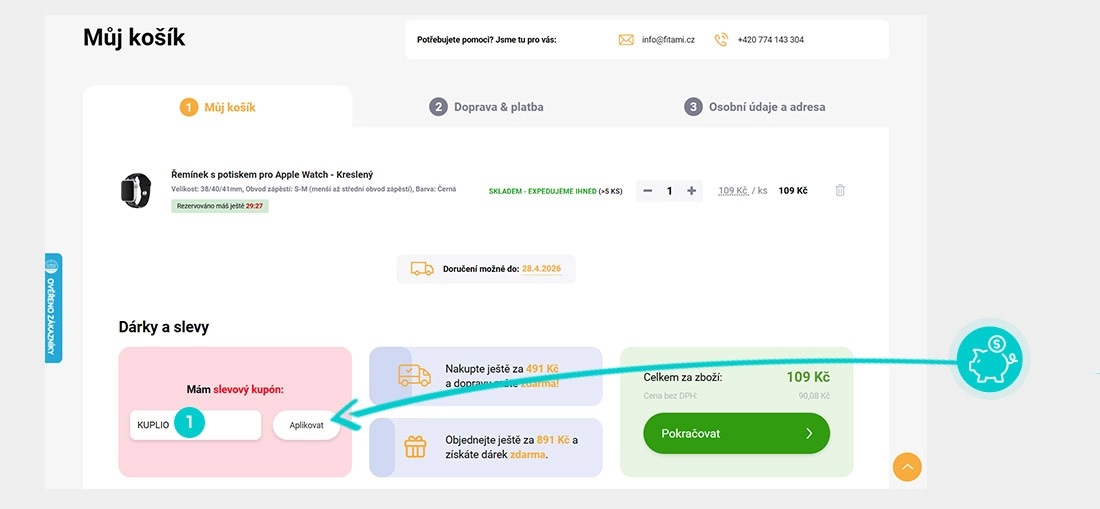 Návod jak uplatnit slevový kód v košíku e-shopu Fitami