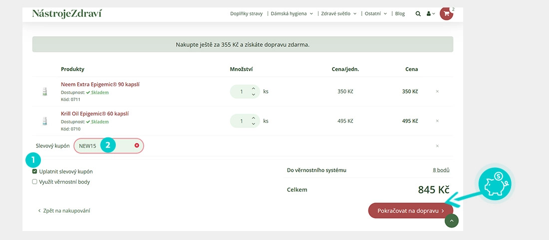 Návod jak uplatnit slevový kód v košíku e-shopu Nástroje Zdraví