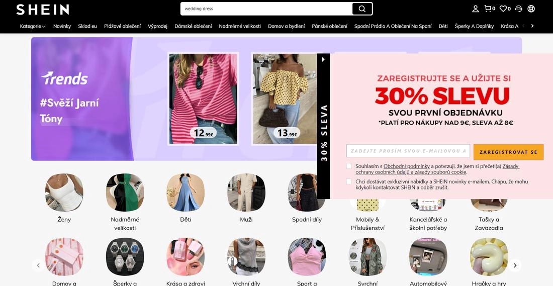 Barevná stránka eshopu Shein s ikonkami různého zboží a popisem