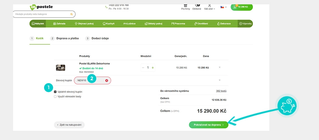 Návod jak uplatnit slevový kód v košíku e-shopu InPostele