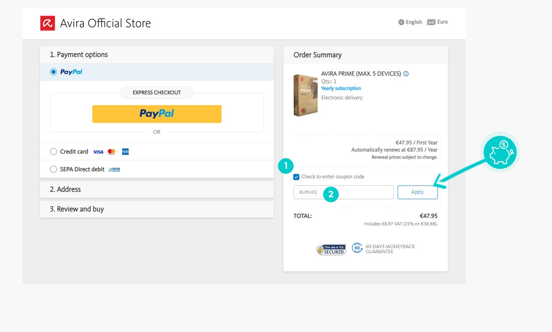Návod jak uplatnit slevový kód v košíku e-shopu Avira