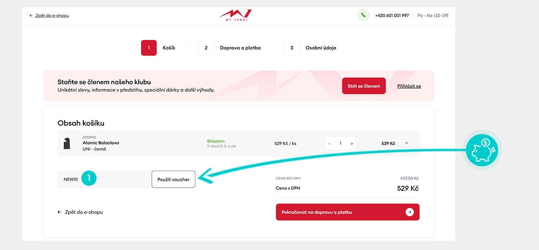 Návod jak uplatnit slevový kód v košíku e-shopu M1 Sport