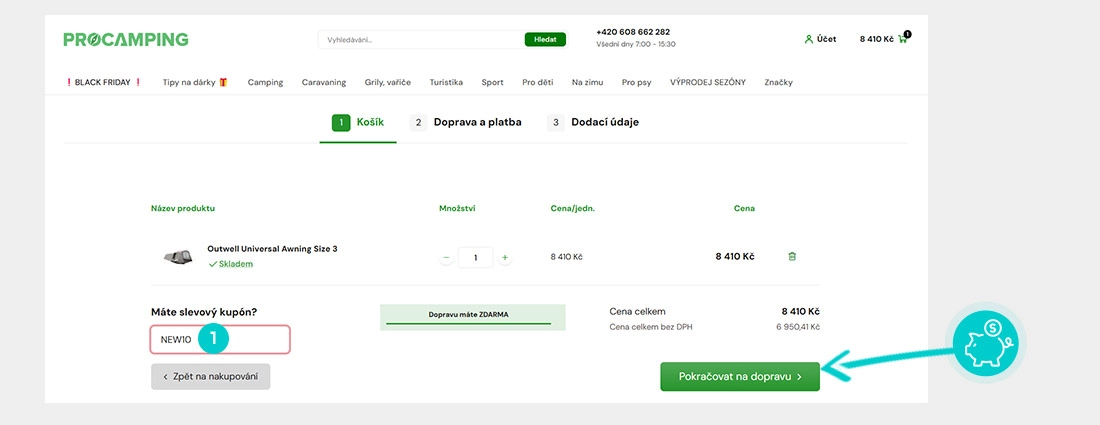 Návod jak uplatnit slevový kód v košíku e-shopu Procamping