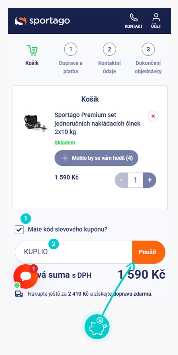 Návod jak uplatnit slevový kód v košíku e-shopu Sportago