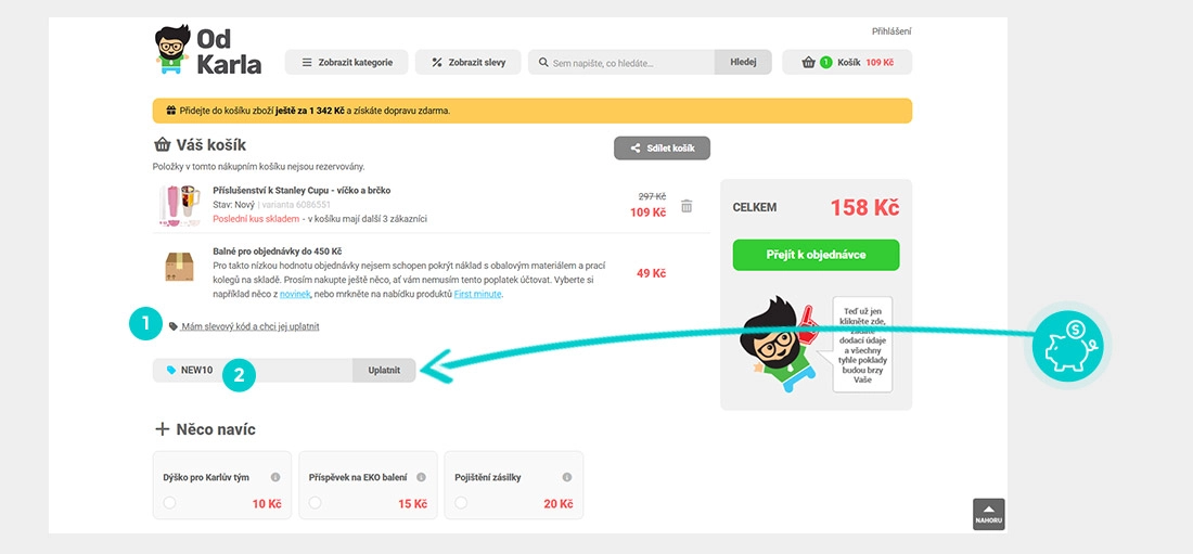 Návod jak uplatnit slevový kód v košíku e-shopu Od Karla