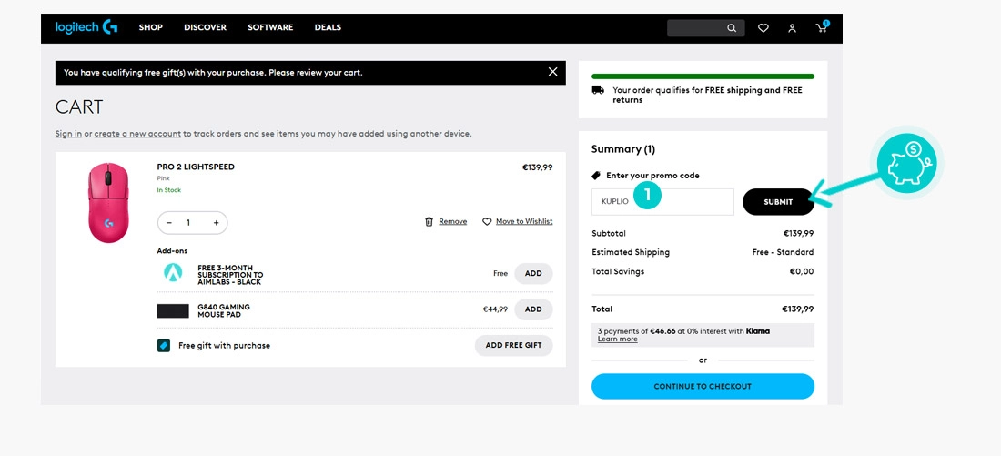 Návod jak uplatnit slevový kód v košíku e-shopu Logitech