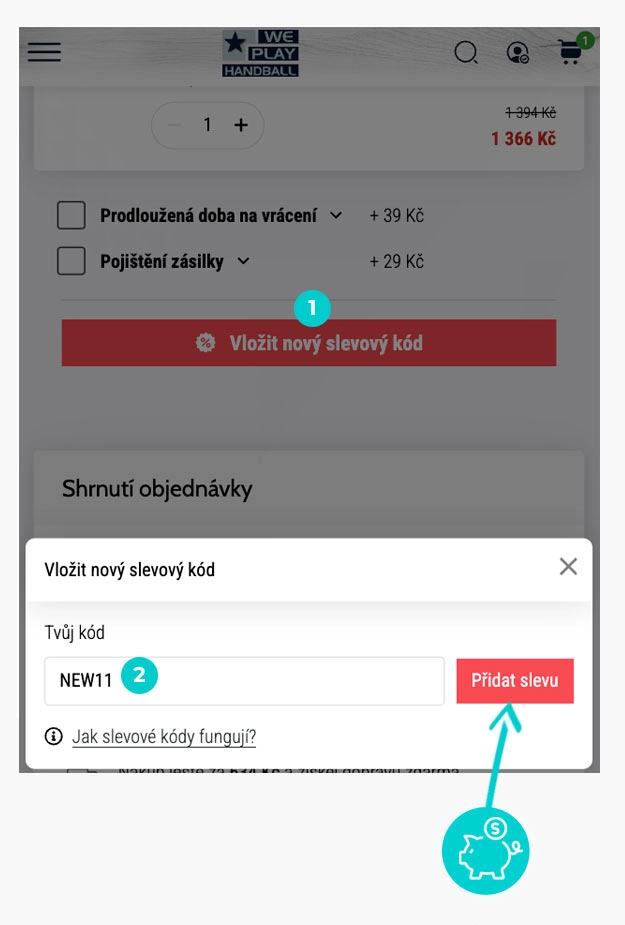 Návod jak uplatnit slevový kód v košíku e-shopu WePlayHandball.cz
